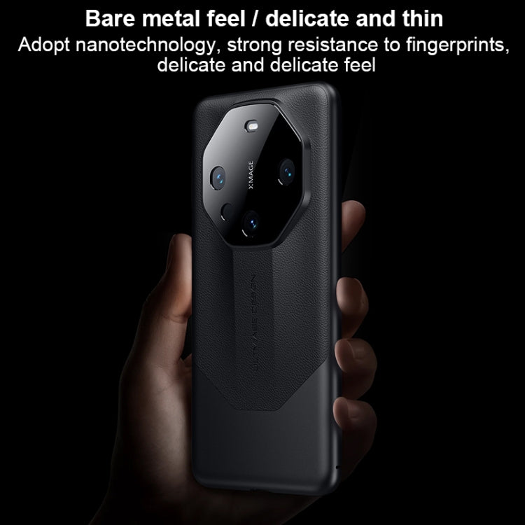 Huawei Mate 60 Pro case made of imitation leather and PC material, showcasing its stylish design and precision cutouts for camera and ports.